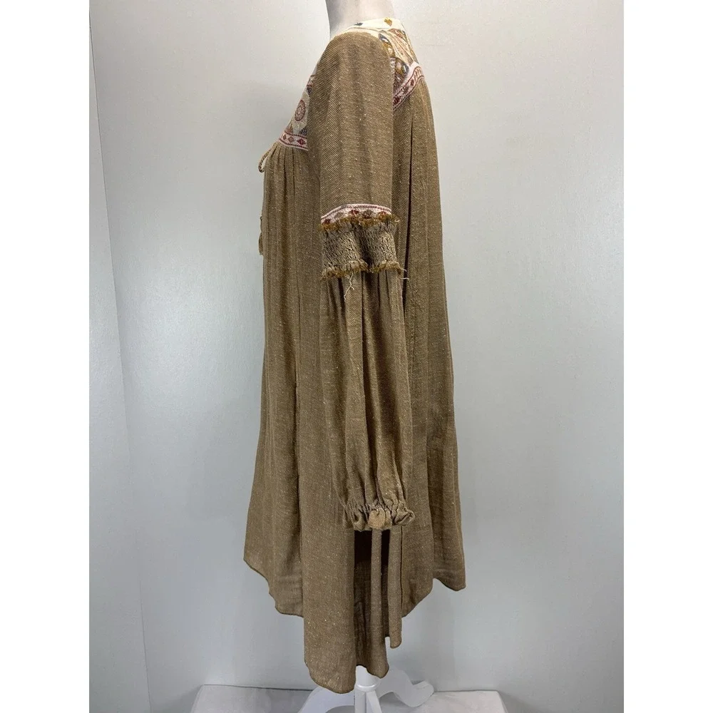 Free People Sahara San Shift Dress Sz Medium Boho Embroidered Long Sleeve Tan